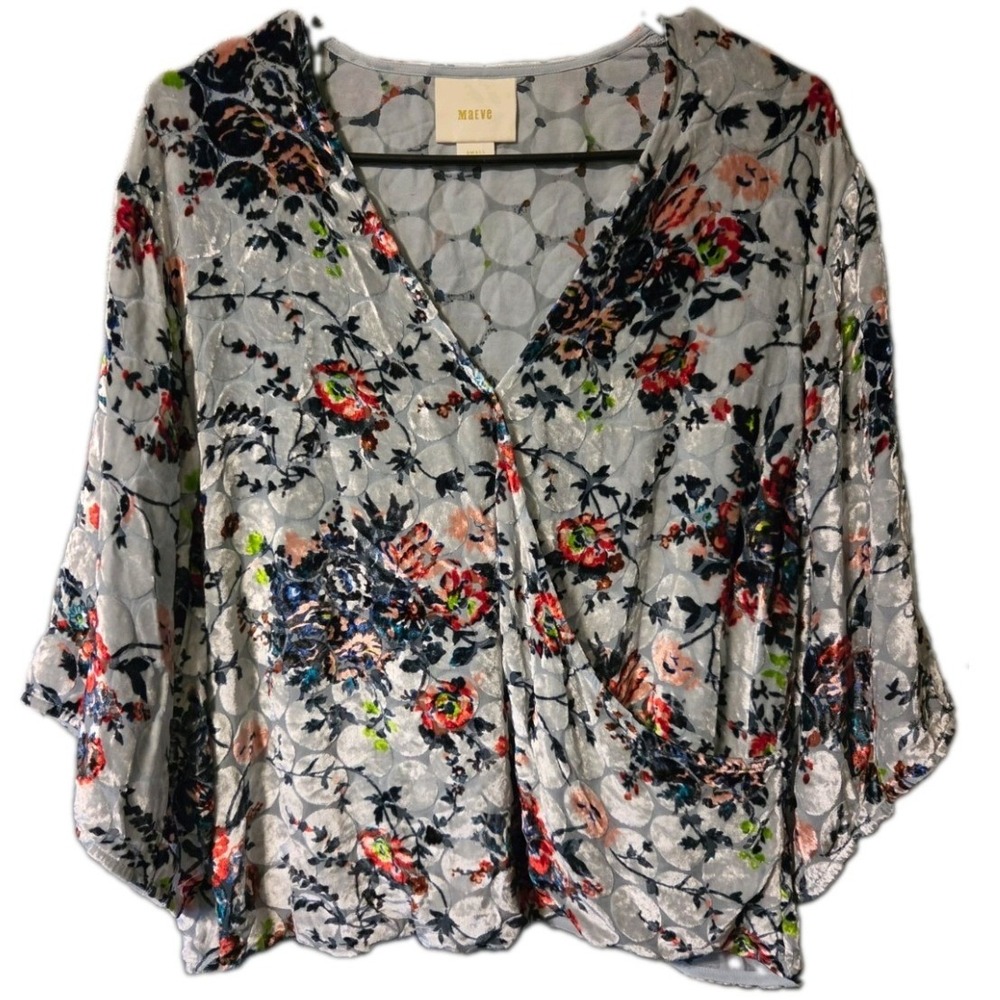 Maeve Anthropologie Floral Burnout Velvet Wrap Top Blue Red Small